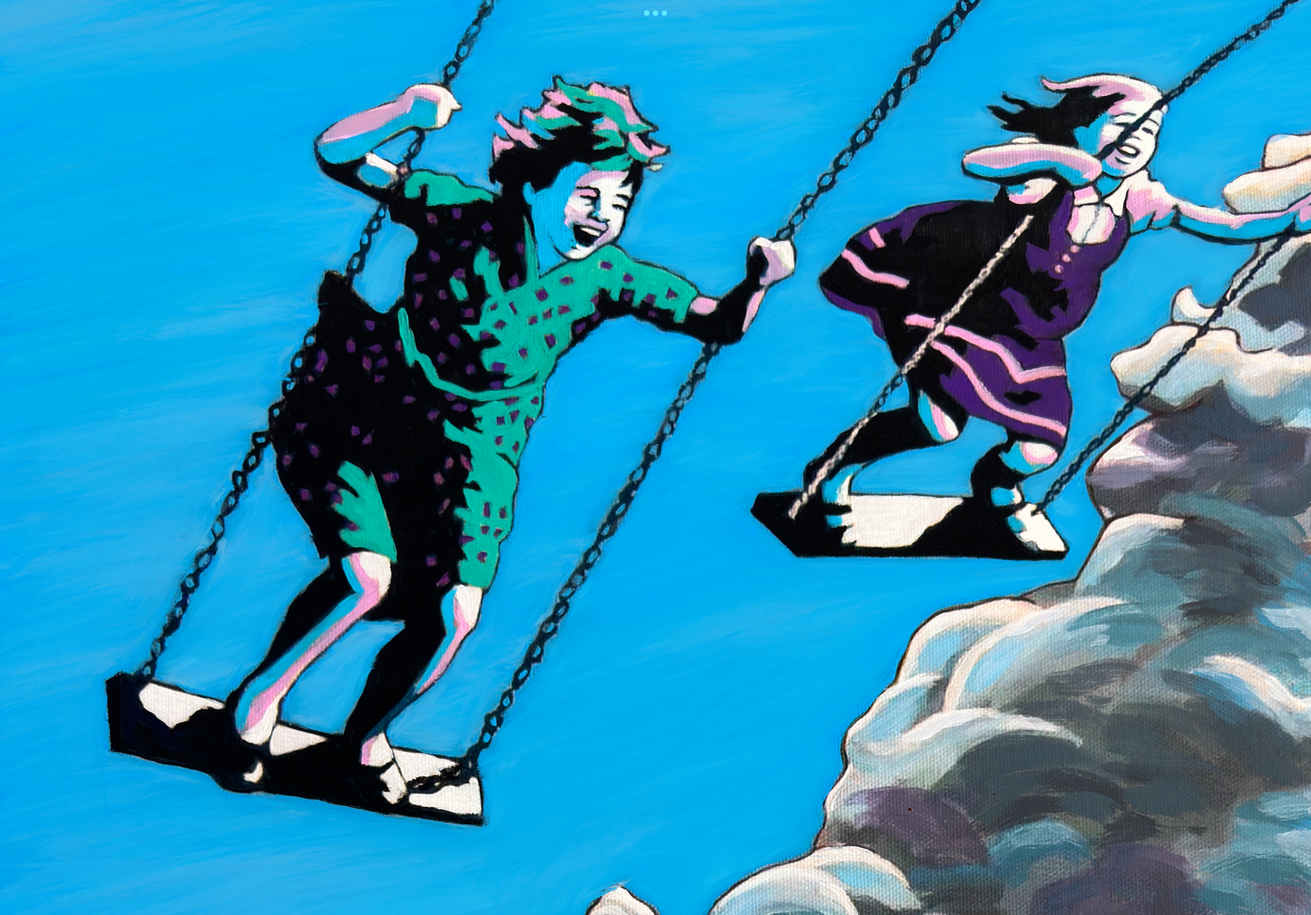 Joyful Perspectives- girls on swings in the clouds, uplifting art print