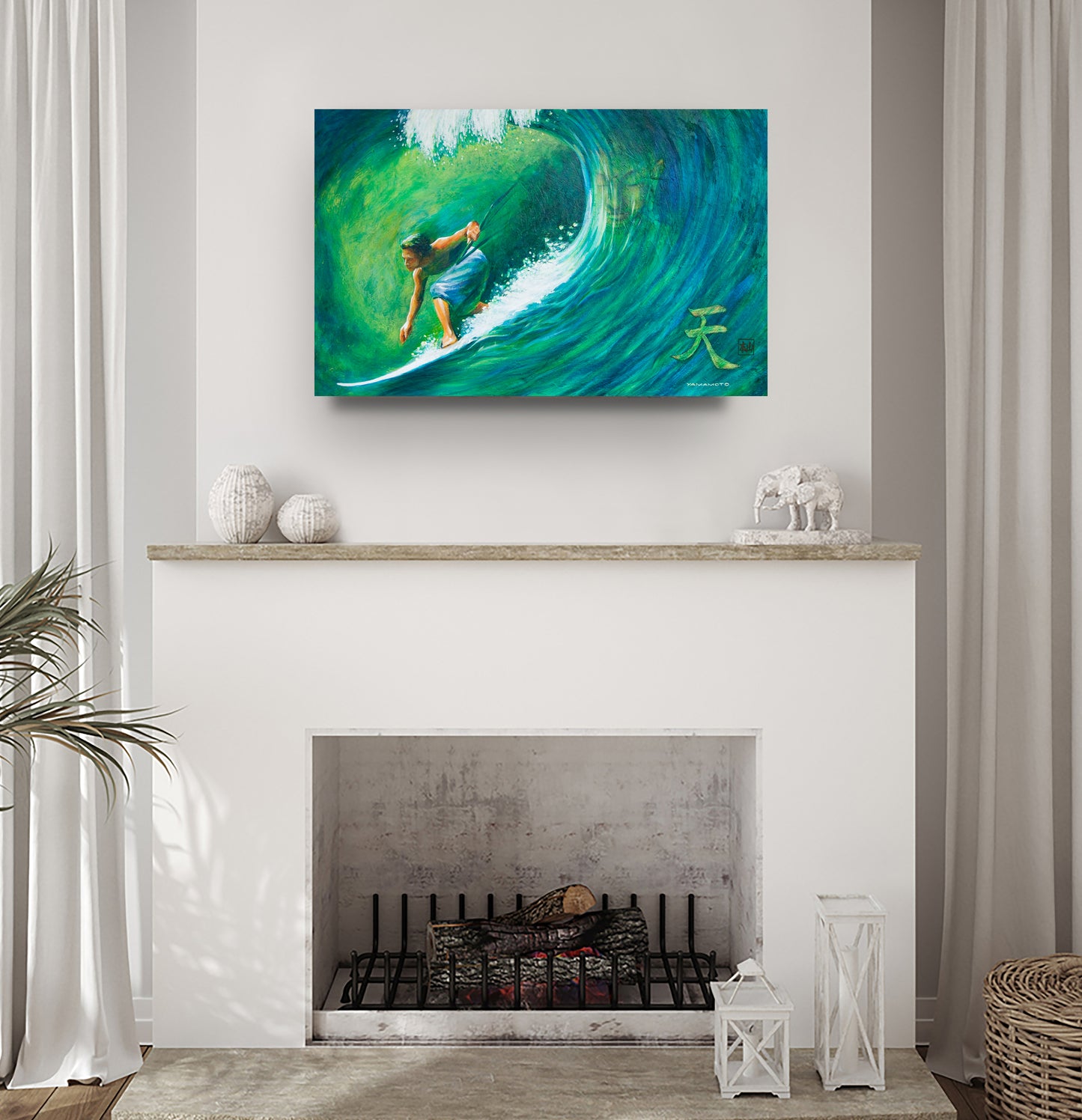 Sky- kitesurfer riding a wave wall art print