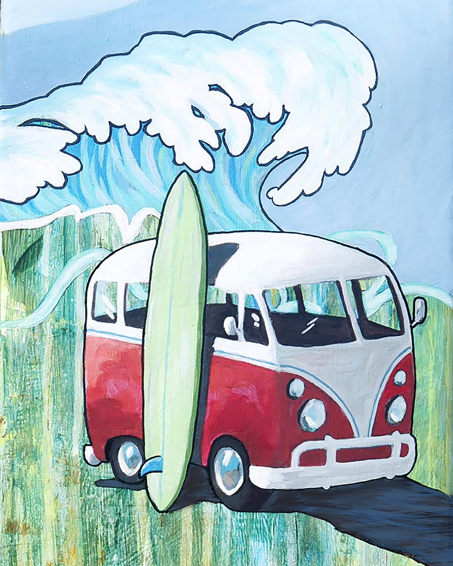 Surfer Pug - surf wall art of a pug at the ocean with his van