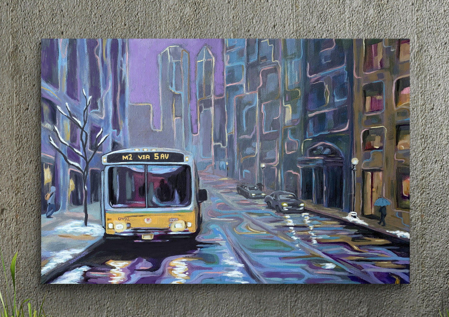 Fifth Ave Reflections - A New York City bus sits on Fifth ave art print