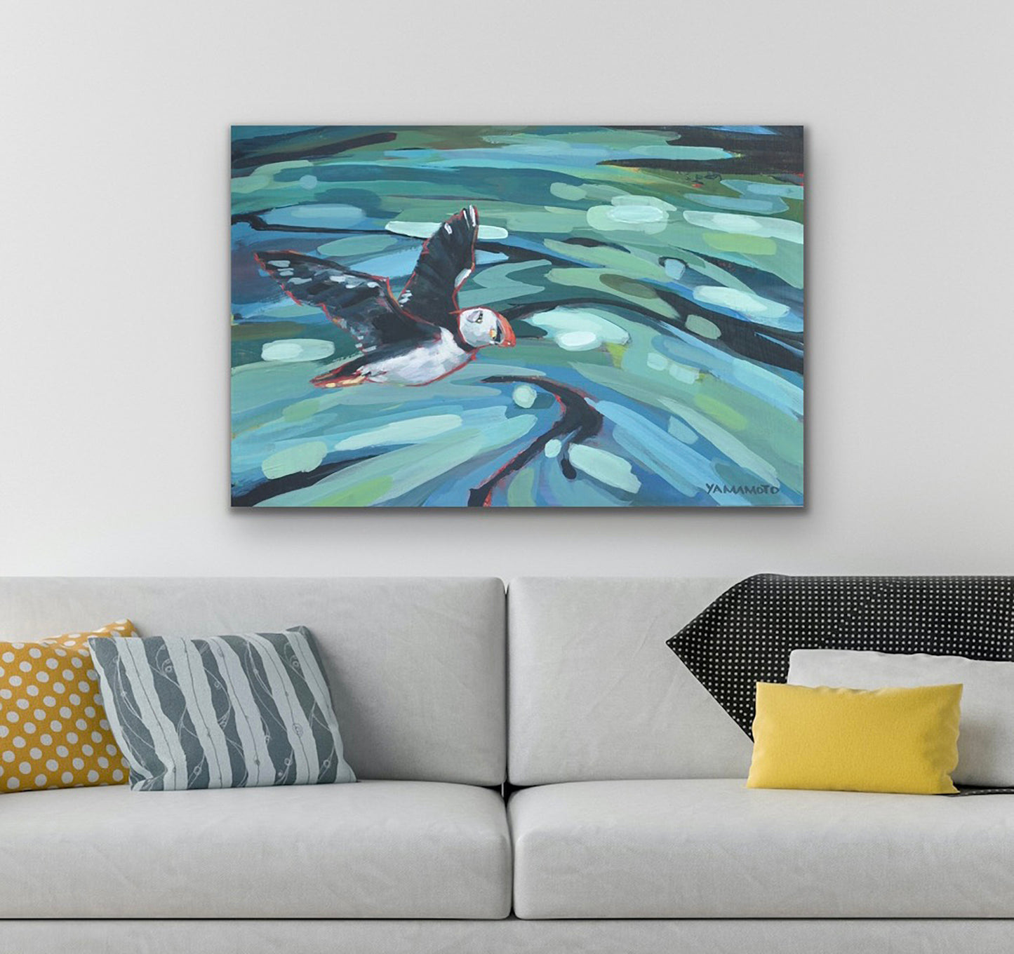 Flow and Flight - A puffin bird swims over the ocean art print