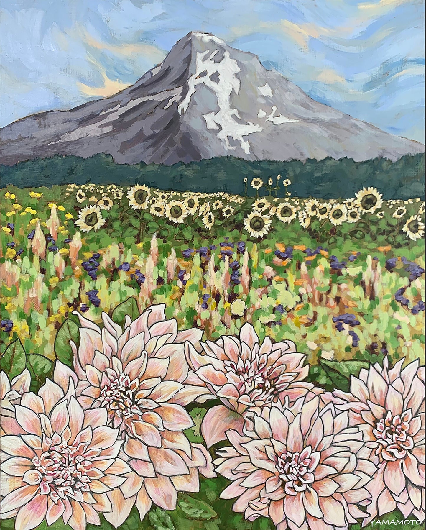 Jennifer's Garden - a field of flowers and Mt Hood art print