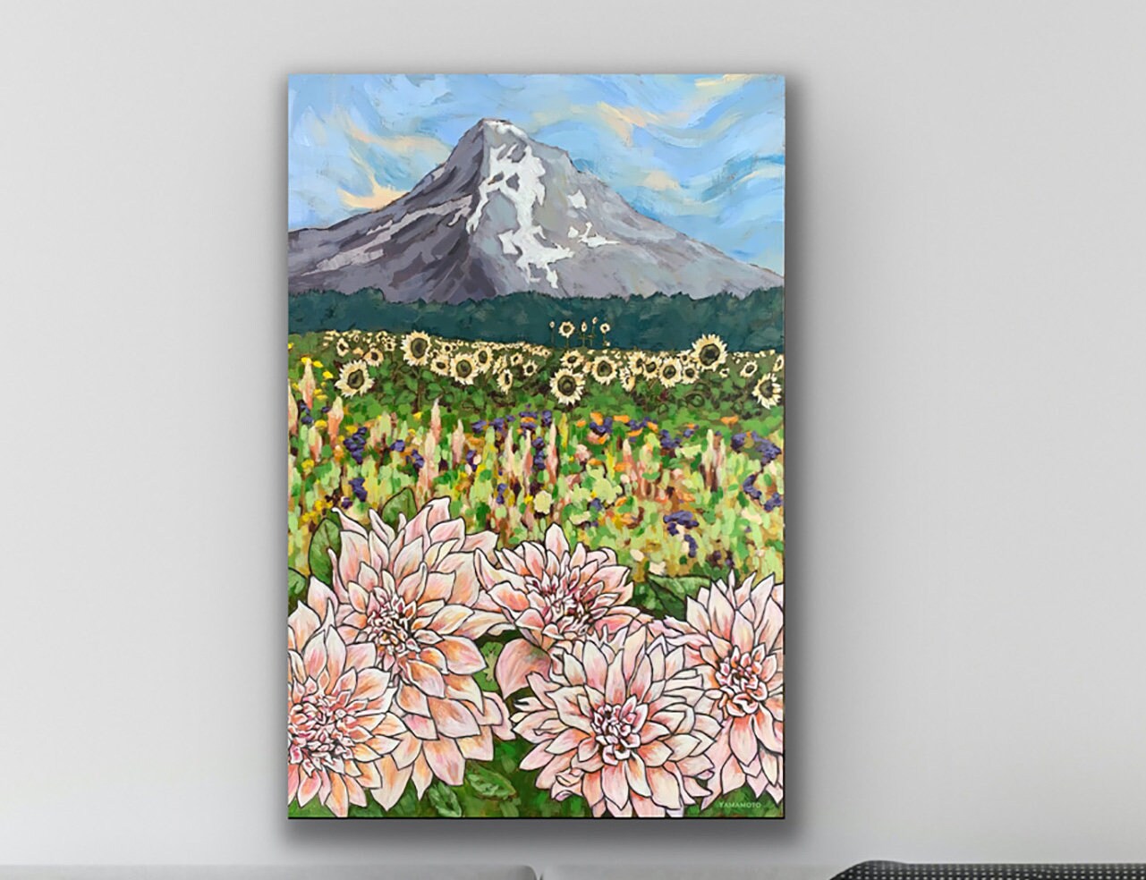 Jennifer's Garden - a field of flowers and Mt Hood art print