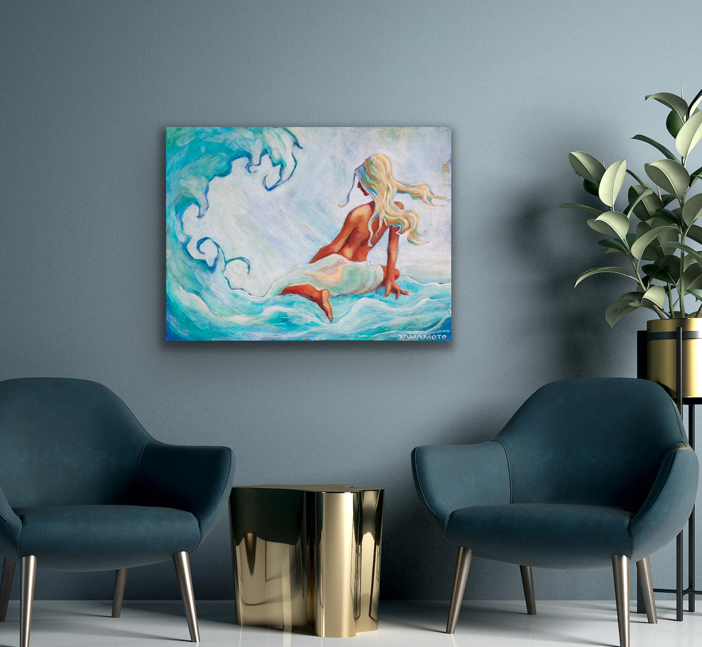 Surf's Morning Mist- A woman sits on the ocean - Acrylic art print