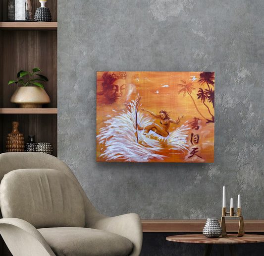 Freedom - surfer watched by buddha in the sky art print