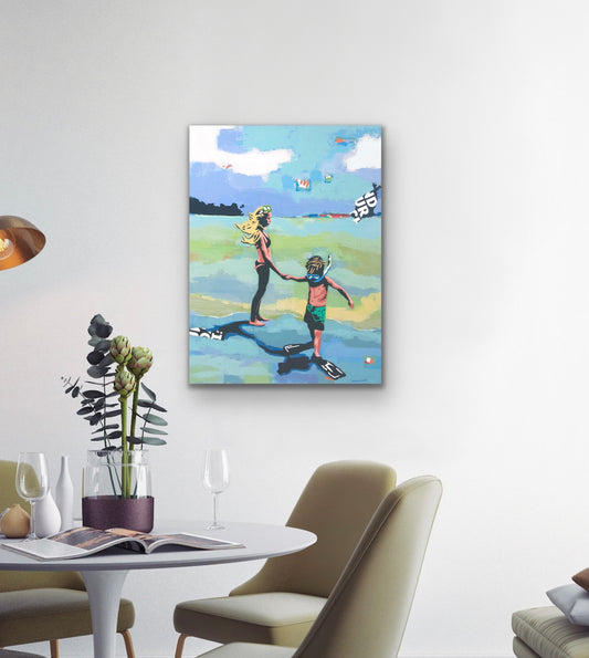Big Sis- a brother and sister walking on the beach wall art print