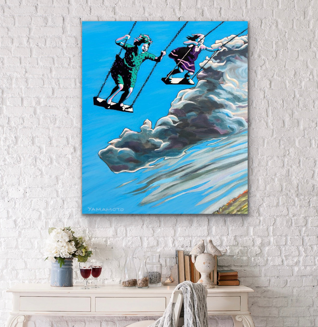 The Sky is The Limit- girls on swings canvas mounted prints