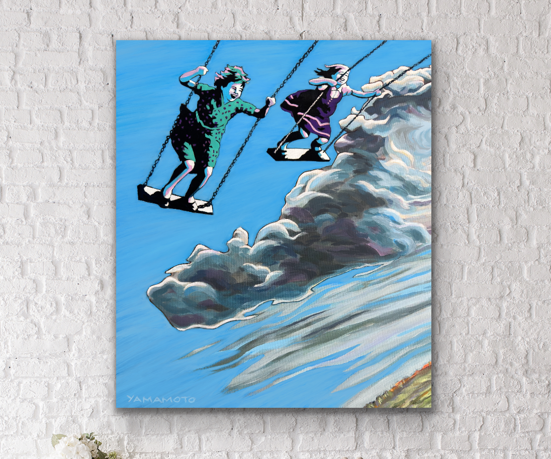 The Sky is The Limit- girls on swings canvas mounted prints