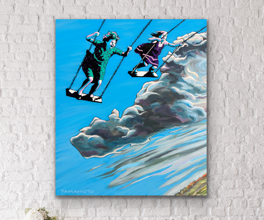 The Sky is The Limit- girls on swings canvas mounted prints