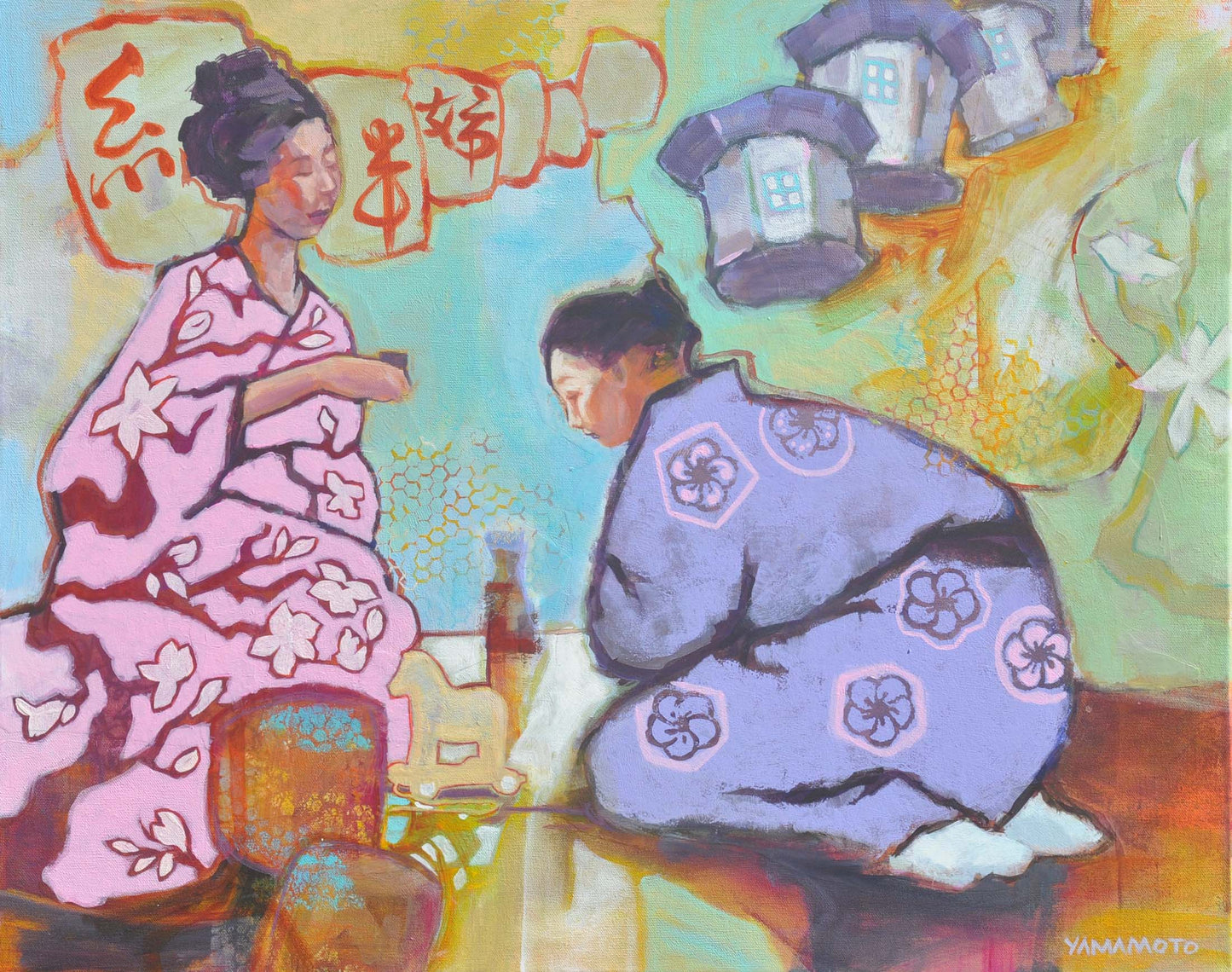 Sisters Under The Sanjo Bridge- Japanese ladies in kimono having tea, wall art