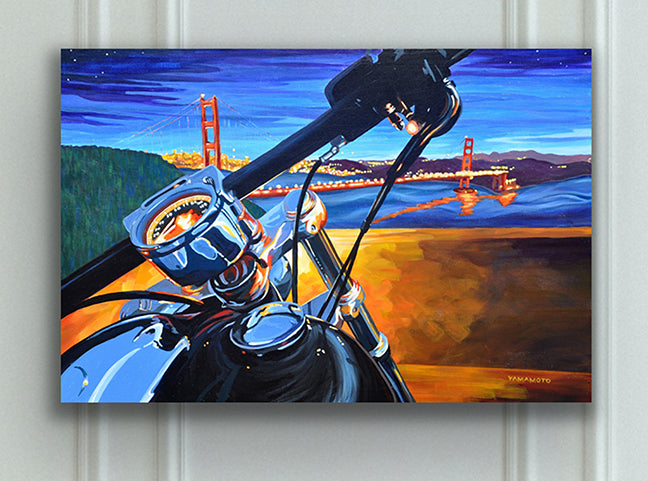 Through Travis's Eyes- Harley motorcycle with San Francisco view wall decor