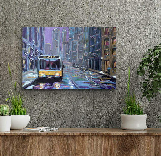 Fifth Ave Reflections - A New York City bus sits on Fifth ave art print