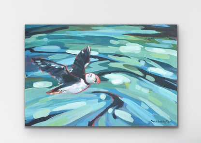 Flow and Flight - A puffin bird swims over the ocean art print