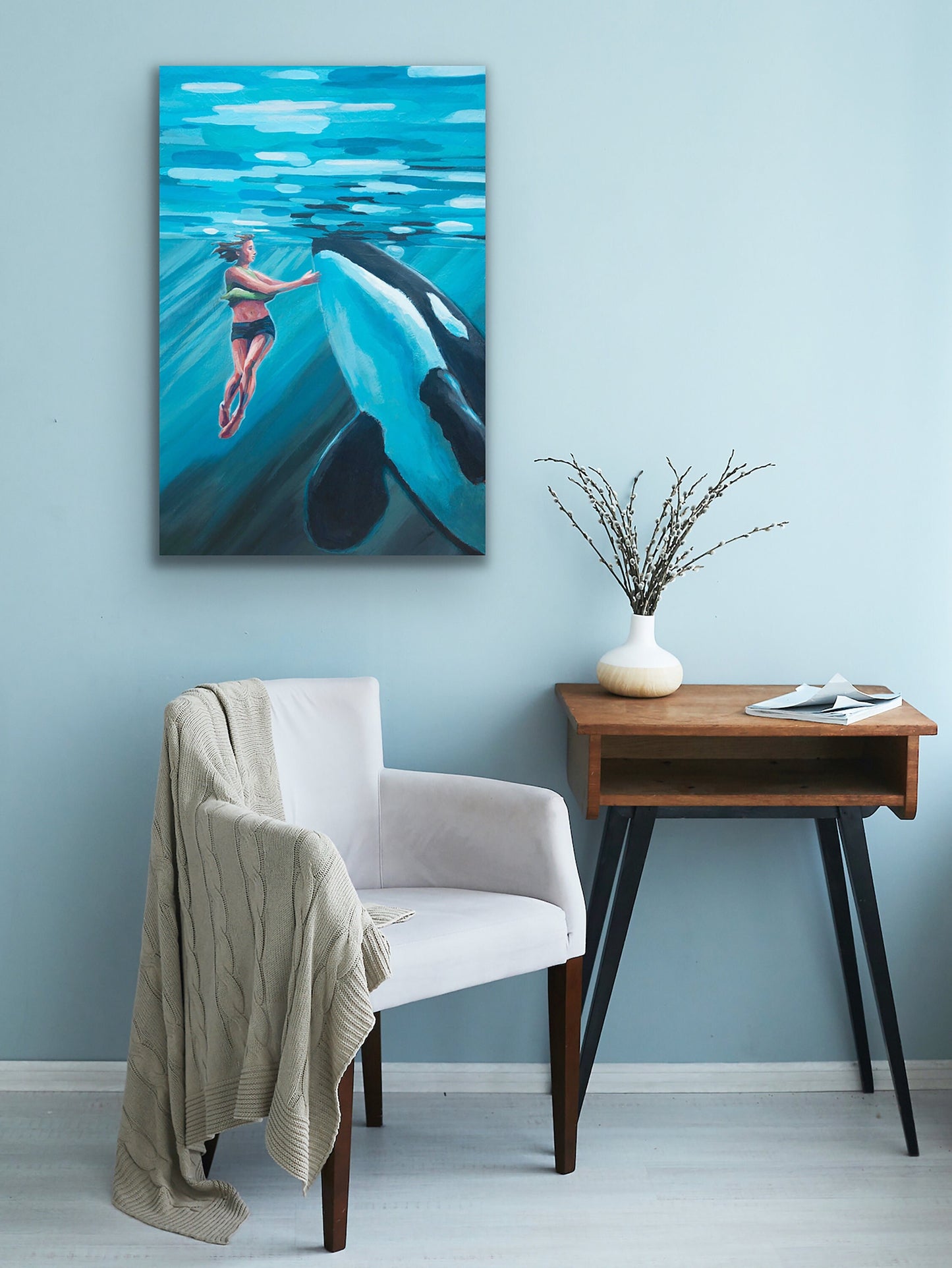 Suspended - a woman swims with a whale, art print