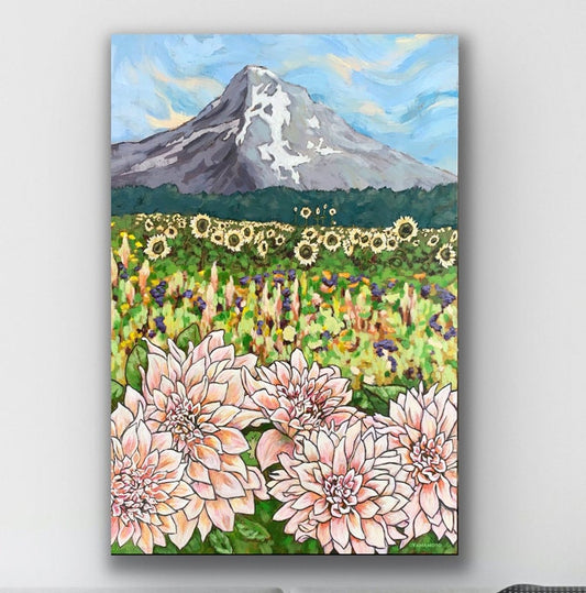 Jennifer's Garden - a field of flowers and Mt Hood art print