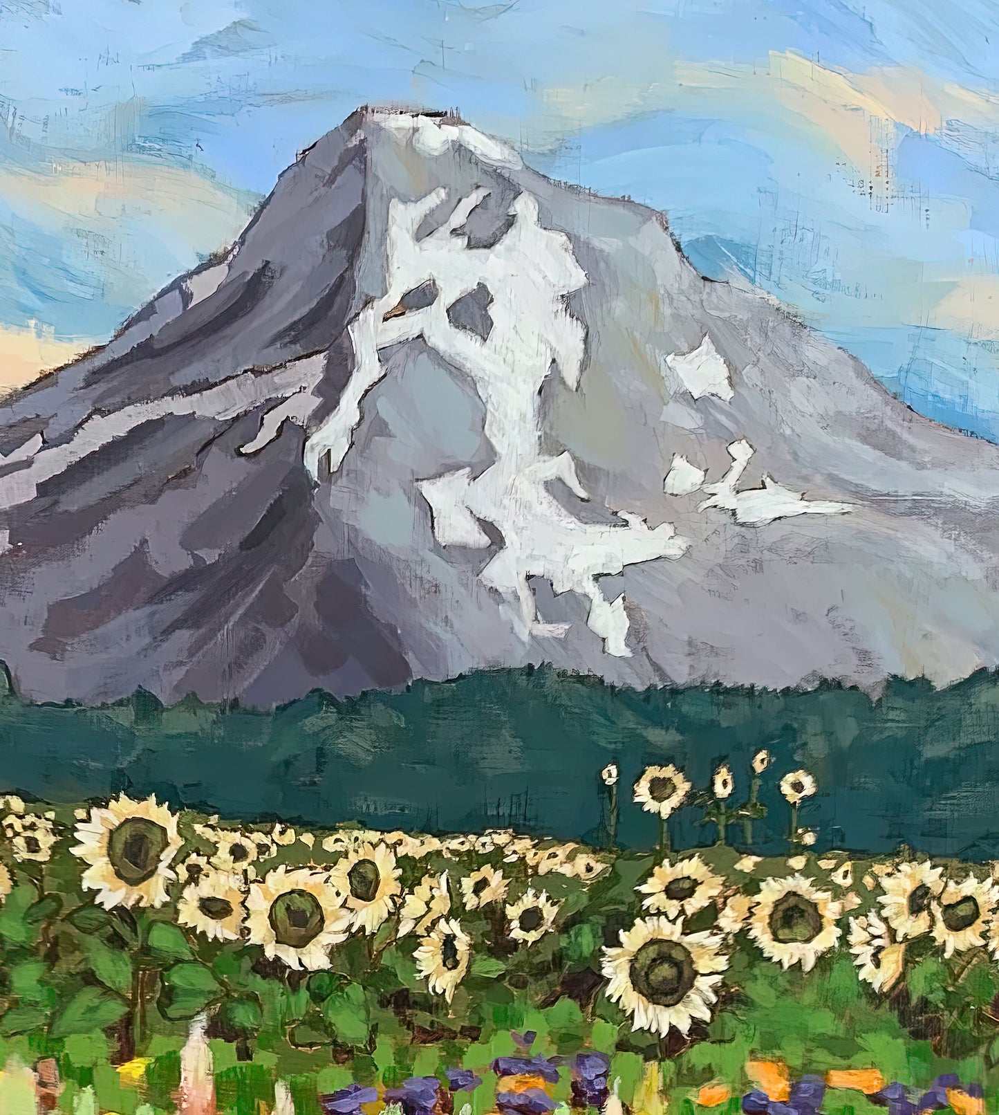 Jennifer's Garden - a field of flowers with Mt Hood art print