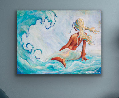 Surf's Morning Mist- A woman sits on the ocean - Acrylic art print